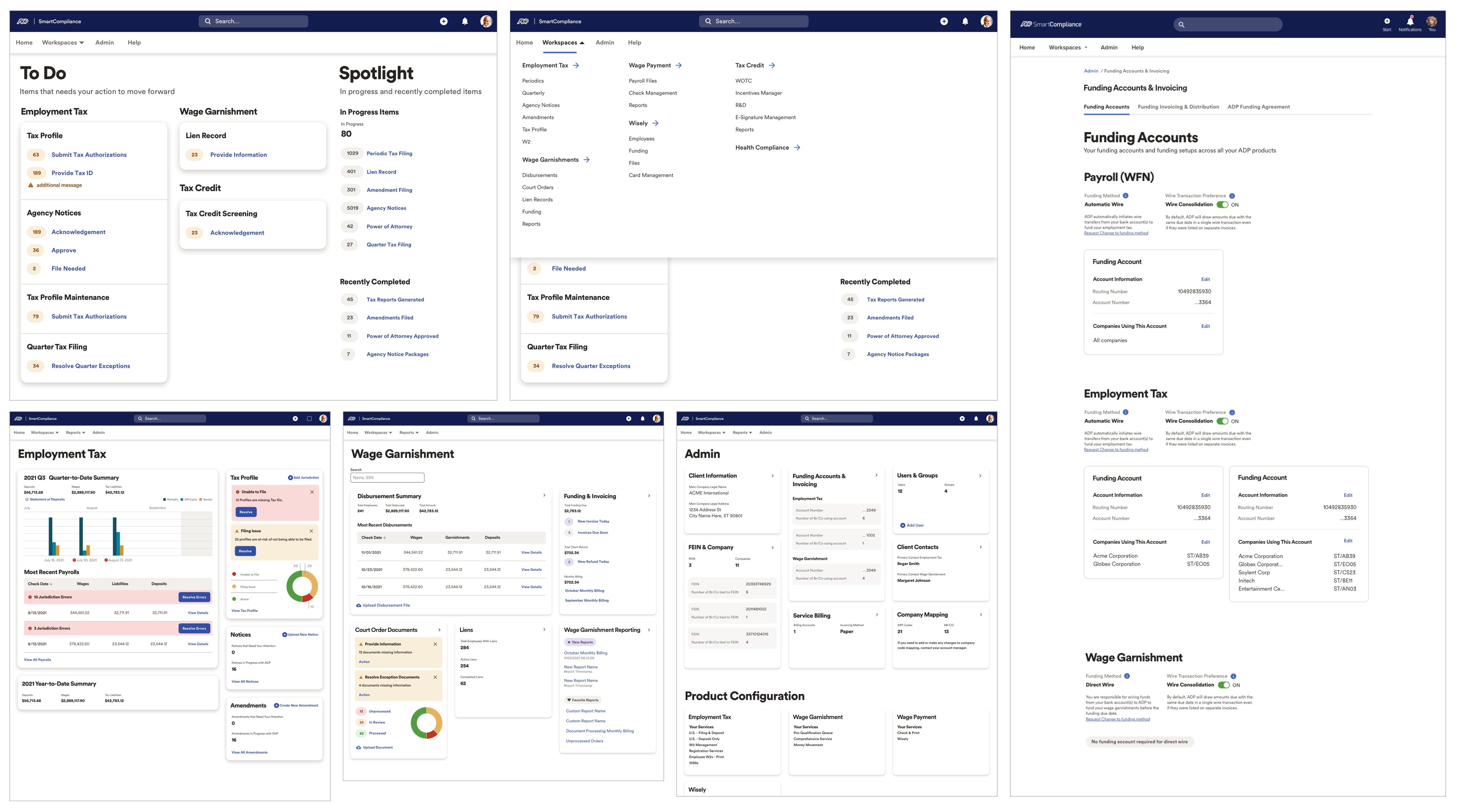 SmartCompliance vision screens: to-do and spotlight homepage, workspaces menu, funding accounts, employment tax, wage garnishment and admin pages in a shared visual style