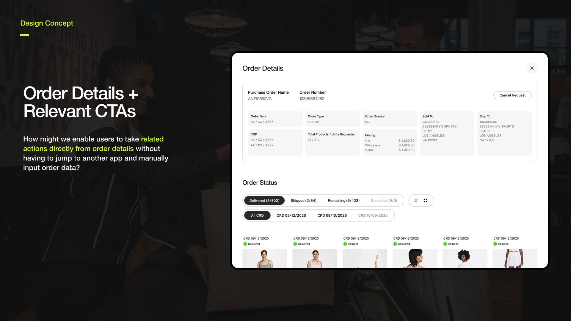 Order management design concept: Order Details with relevant actions, showing purchase order information, order status filters and delivered items